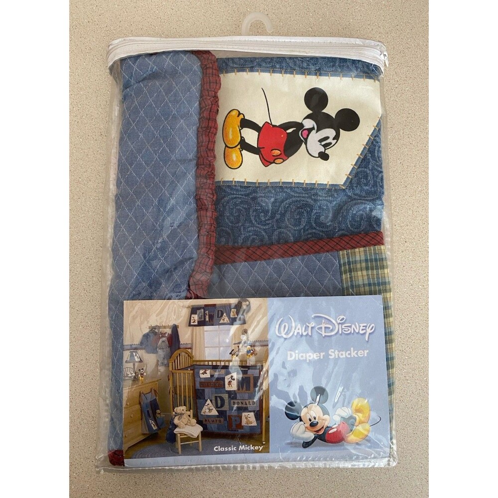 VTG Disney Classic Mickey Baby Diaper Stacker Blue Denim Gingham Appliqué NEW